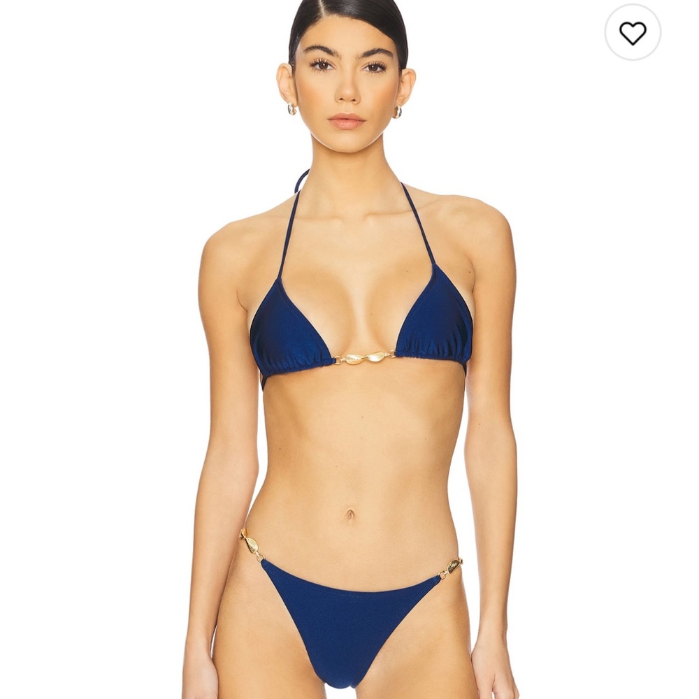 Navy Triangle Halter Bikini Set with Gold Accents